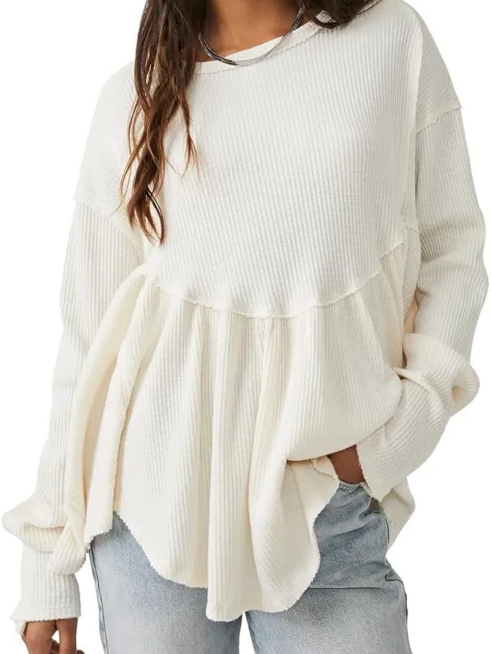We The Free Oh My Babydoll Thermal Waffle Knit Peplum Hem Shirt Boho Casual